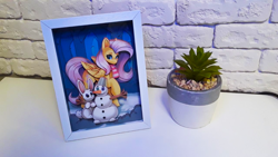 Size: 1280x720 | Tagged: safe, artist:made_by_franch, fluttershy, pegasus, pony, rabbit, g4, animal, art, commission, craft, digital art, diorama, forest, handmade, photo, sale, snowman, solo, winter