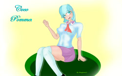 Size: 1131x707 | Tagged: safe, artist:megajesus15, coco pommel, human, g4, 2020, clothes, female, gradient background, humanized, old art, open mouth, sitting, skirt, socks, solo, stockings, thigh highs, wave