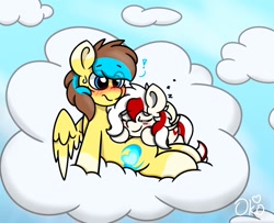 Size: 1600x1300 | Tagged: safe, artist:okopod, oc, oc only, oc:awya lightfeather, oc:okopod, pegasus, pony, art trade, blushing, cloud, complex background, cuddling, cute, duo, duo male and female, female, folded wings, lying down, lying on a cloud, male, on a cloud, on back, pegasus oc, pegasus wings, spread wings, wings