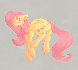 Size: 1000x900 | Tagged: safe, artist:sflnxx, fluttershy, earth pony, pegasus, pony, g4, butt, cheek fluff, female, flutterbutt, gray background, looking back, mare, plot, simple background, solo, underhoof