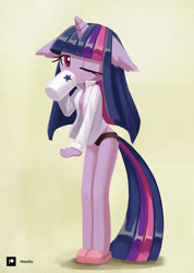 Size: 711x1000 | Tagged: safe, artist:howxu, twilight sparkle, unicorn, anthro, unguligrade anthro, g4, big head, clothes, coffee, coffee mug, cute, drinking, ear fluff, female, floppy ears, long mane, long tail, morning ponies, mug, one eye closed, panties, patreon, patreon logo, patreon reward, pose, shadow, shirt, simple background, slippers, solo, standing, tail, twiabetes, underwear, wink, yellow background