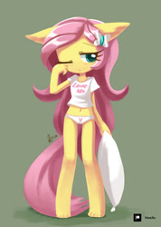 Size: 711x1000 | Tagged: safe, artist:howxu, fluttershy, anthro, plantigrade anthro, g4, belly button, big head, butterfly hairpin, clothes, cute, female, floppy ears, morning ponies, one eye closed, pajamas, panties, pillow, shyabetes, simple background, sleepy, solo, underwear, wingless, wingless anthro