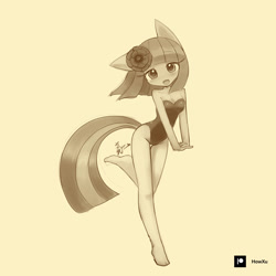 Size: 800x800 | Tagged: safe, artist:howxu, coco pommel, earth pony, anthro, plantigrade anthro, g4, big head, breasts, chibi, clothes, female, monochrome, one-piece swimsuit, reasonably sized breasts, simple background, solo, swimsuit, yellow background