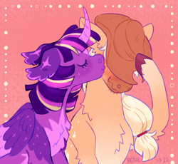 Size: 1071x987 | Tagged: safe, artist:beyhr, applejack, twilight sparkle, alicorn, pony, g4, applejack's hat, blushing, cheek kiss, colored, colored background, covering face, cowboy hat, embarrassed, female, hat, kissing, lesbian, nose wrinkle, scrunchy face, ship:twijack, shipping, twilight sparkle (alicorn)