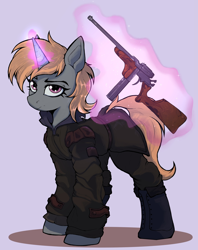 Size: 1708x2160 | Tagged: safe, artist:tatykin, oc, oc only, oc:easy peasy, pony, unicorn, fallout equestria, commission, female, foe adventures, gun, magic, mare, mauser, outfit, synth, trench carbine, weapon