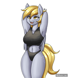 Size: 1500x1700 | Tagged: safe, artist:zachc, derpy hooves, pegasus, anthro, g4, arm behind head, armpits, belly button, breasts, busty derpy hooves, clothes, female, legs together, one-piece swimsuit, simple background, solo, swimsuit, white background, wide hips