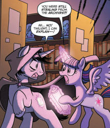 Size: 1126x1305 | Tagged: safe, artist:tonyfleecs, idw, official comic, shadow lock, twilight sparkle, alicorn, pony, unicorn, from the shadows, g4, spoiler:comic, spoiler:comic53, cloak, clothes, duo, female, glowing, glowing horn, horn, male, mare, open mouth, raised hoof, scroll, shocked, shocked expression, stallion, twilight sparkle (alicorn)