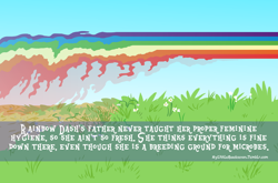 Size: 846x559 | Tagged: safe, artist:brutamod, rainbow dash, mylittleheadcanon, g4, flower, grass, headcanon, rainbow, sonic rainboom