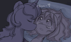 Size: 1203x711 | Tagged: safe, anonymous artist, izzy moonbow, sunny starscout, earth pony, pony, unicorn, series:anorexic sunny, g5, anorexia, bed, cheek kiss, chu, crying, duo, emaciated, female, goodnight kiss, hospital bed, kissing, lesbian, onomatopoeia, ship:moonscout, skinny, sound effects, thin