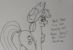 Size: 2048x1421 | Tagged: safe, artist:pony quarantine, applejack, earth pony, pony, g4, applebutt, butt, dialogue, female, grayscale, large butt, looking back, mare, monochrome, plot, rear view, solo, traditional art