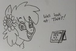 Size: 2227x1484 | Tagged: safe, artist:pony quarantine, oc, oc only, oc:thursday, earth pony, pony, calendar, dialogue, february, female, grayscale, looking at you, mare, monochrome, open mouth, open smile, smiling, smiling at you, solo, talking to viewer, traditional art, unusual pupils, weekday ponies