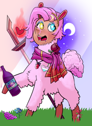 Size: 964x1314 | Tagged: safe, artist:php93, oc, oc only, oc:beth, alpaca, alcohol, clothes, cloven hooves, flower, food, grapes, heterochromia, moon, rose, scarf, simple background, solo, staff, transgender, transparent background, wine