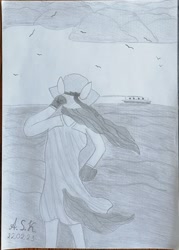 Size: 1800x2515 | Tagged: safe, oc, oc only, bird, earth pony, seagull, anthro, boat, clothes, female, hat, ocean, pencil drawing, solo, traditional art, water