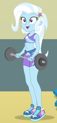 Size: 400x860 | Tagged: safe, artist:sapphiregamgee, edit, trixie, human, equestria girls, g4, belly button, clothes, cropped, curvy, dumbbell (object), female, hourglass figure, midriff, shoes, shorts, sneakers, solo, sports bra, sports shorts, weights