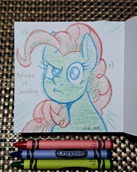 Size: 2084x2602 | Tagged: safe, artist:redapropos, pinkie pie, earth pony, pony, g4, bust, crayon drawing, female, high res, looking at you, mare, signature, solo, text, traditional art