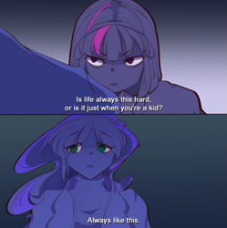 Size: 1079x1082 | Tagged: safe, artist:soapwf, princess luna, twilight sparkle, human, g4, 2 panel comic, angry, comic, frustrated, humanized, quote, sad