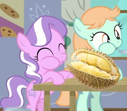 Size: 825x720 | Tagged: safe, edit, edited screencap, screencap, diamond tiara, peach fuzz, earth pony, pony, g4, on your marks, aweeg*, bipedal, chewing, duo, duo female, durian, eating, female, filly, foal, food, herbivore, out of context