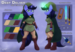 Size: 4346x3034 | Tagged: safe, artist:rivin177, oc, oc:deep delver, unicorn, anthro, accessory, beanie hat, belt, boots, cloak, clothes, color palette, commission, female, glasses, lyre, magic, magic aura, musical instrument, reference sheet, shoes, side view, simple background, solo, standing, sword, tunic, weapon