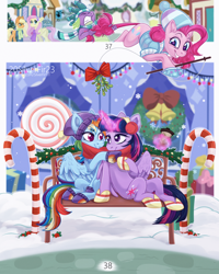 Size: 3098x3872 | Tagged: safe, artist:silverfir, artist:venik, applejack, fluttershy, pinkie pie, rainbow dash, spike, twilight sparkle, alicorn, dragon, earth pony, pegasus, pony, g4, bench, berry, breaking the fourth wall, candy, candy cane, cap, clothes, cup, earmuffs, female, fluffy, food, garland, glowing, glowing horn, hat, high res, horn, lesbian, looking at each other, looking at someone, magic, mistleholly, present, scarf, shared clothing, shared scarf, ship:twidash, shipping, sitting, smiling, smiling at each other, snow, snowfall, spread wings, striped scarf, telekinesis, twilight sparkle (alicorn), wings, winter, winter outfit