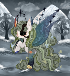 Size: 1736x1876 | Tagged: safe, artist:justsadluna, oc, oc only, alicorn, pony, alicorn oc, black sclera, creepy, eyelashes, female, hoof polish, horn, mare, outdoors, rearing, solo, wings