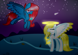 Size: 961x683 | Tagged: safe, artist:angellightyt, oc, oc only, oc:angel light, pegasus, pony, duo, halo, jewelry, necklace, night, outdoors, pegasus oc, stars, wings
