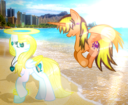 Size: 1477x1213 | Tagged: safe, artist:angellightyt, oc, oc only, oc:angel light, alicorn, pegasus, pony, alicorn oc, beach, collaboration, colored wings, halo, horn, jewelry, necklace, outdoors, pegasus oc, two toned wings, wings