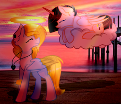 Size: 1416x1216 | Tagged: safe, artist:angellightyt, oc, oc only, oc:angel light, alicorn, pegasus, pony, alicorn oc, cloud, collaboration, colored wings, duo, eyes closed, halo, horn, looking back, on a cloud, outdoors, pegasus oc, smiling, sunset, two toned wings, wings