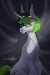 Size: 2000x2989 | Tagged: safe, artist:schnellentod, oc, oc only, pony, unicorn, frown, goggles, high res, red eyes, sitting, solo