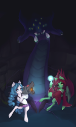 Size: 1500x2500 | Tagged: safe, artist:schnellentod, pegasus, pony, unicorn, ahri, clothes, crossover, jinx (league of legends), league of legends, magic, one eye closed, smiling, standing on two hooves, wink