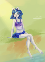Size: 1379x1900 | Tagged: safe, artist:schnellentod, oc, oc only, unicorn, anthro, clothes, sitting, smiling, solo