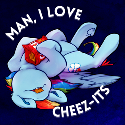 Size: 1792x1792 | Tagged: safe, artist:midnightpremiere, rainbow dash, pegasus, pony, cheez-it, cute, dashabetes, eating, female, food, lying down, mare, on back, solo, tongue out, underhoof