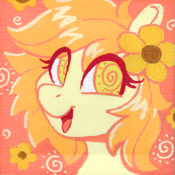 Size: 1175x1176 | Tagged: safe, artist:dandy, oc, oc only, oc:thursday, earth pony, pony, acrylic painting, bust, earth pony oc, flower, flower in hair, looking at you, open mouth, portrait, solo, traditional art
