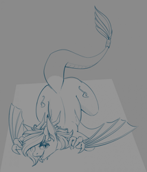 Size: 1777x2073 | Tagged: safe, artist:stray prey, oc, oc only, oc:panne, dragon, both cutie marks, female, horns, looking at you, monochrome, sketch, slit pupils, solo, spread wings, tongue out, wings