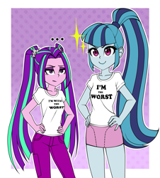 Size: 1267x1400 | Tagged: safe, artist:nekojackun, aria blaze, sonata dusk, equestria girls, g4, ..., aria flat, clothes, clueless, cute, delicious flat chest, denim, duo, female, hand on hip, i'm with stupid, jeans, lesbian, oblivious, pants, pigtails, ponytail, ship:arisona, shipping, shirt, skirt, smiling, sonatabetes, t-shirt, text on clothing, text on shirt, twintails