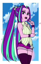 Size: 900x1400 | Tagged: safe, artist:nekojackun, aria blaze, equestria girls, g4, aria flat, biting, booty shorts, bracelet, breasts, candy, clothes, cloud, delicious flat chest, eyeshadow, female, food, jewelry, lollipop, long hair, looking at you, low angle, makeup, midriff, pigtails, shirt, shorts, sky, sleeveless, socks, solo, thigh highs, thighs, twintails, vest, wristband, zettai ryouiki