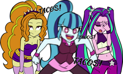 Size: 1799x1096 | Tagged: safe, artist:nekojackun, adagio dazzle, aria blaze, sonata dusk, human, equestria girls, g4, bare shoulders, belly button, breasts, cleavage, clothes, denim, eyeroll, eyes closed, facepalm, female, food, jeans, midriff, motion blur, open mouth, open smile, pants, simple background, skirt, sleeveless, smiling, sonataco, sparkly eyes, strapless, taco, taco tuesday, that girl sure loves tacos, that siren sure does love tacos, the dazzlings, trio, trio female, unamused, white background, wingding eyes