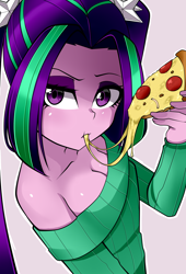 Size: 1500x2200 | Tagged: safe, artist:nekojackun, aria blaze, human, equestria girls, g4, bare shoulders, breasts, cleavage, clothes, eating, female, food, meat, off shoulder, off shoulder sweater, pepperoni, pepperoni pizza, pigtails, pizza, reasonably sized breasts, solo, sweater