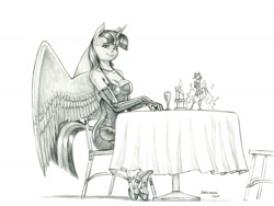 Size: 1400x1054 | Tagged: safe, artist:baron engel, twilight sparkle, oc, oc:page turner, alicorn, unicorn, anthro, unguligrade anthro, g4, breasts, busty twilight sparkle, candle, chair, clothes, dress, evening gloves, female, glass, gloves, jewelry, long gloves, mare, monochrome, necklace, pearl necklace, pencil drawing, table, traditional art, twilight sparkle (alicorn), wine glass