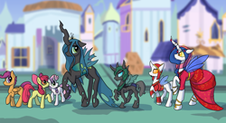 Size: 8000x4367 | Tagged: safe, artist:darkflame75, apple bloom, queen chrysalis, scootaloo, sweetie belle, tagma, oc, unnamed oc, changeling, changeling queen, earth pony, pegasus, pony, unicorn, g4, absurd resolution, changeling officer, cutie mark crusaders, female, filly, foal, folded wings, insect wings, raised hoof, shadow, spread wings, wings