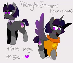 Size: 1722x1493 | Tagged: safe, artist:summersplash, oc, oc:midnight shimmer, alicorn, pony, unicorn, black eyeshadow, clothes, coat markings, collar, colored ears, colored wings, crossover, eyeshadow, female, flying, gradient wings, hairband, homestuck, lidded eyes, makeup, mare, purple eyes, rose lalonde, seer of light, simple background, smiling, socks (coat markings), solo, standing, text, white background, wings