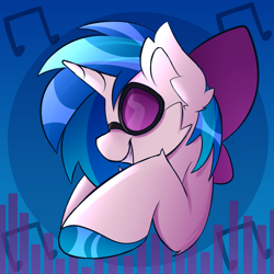 Size: 2500x2500 | Tagged: safe, artist:starcasteclipse, dj pon-3, vinyl scratch, pony, unicorn, g4, abstract background, bow, female, hair bow, high res, smiling, solo, vinyl's glasses