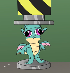 Size: 892x928 | Tagged: safe, artist:pearmare animation, sparky sparkeroni, dragon, g5, baby, baby dragon, derp, hydraulic press, imminent death, male, solo