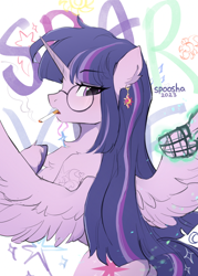 Size: 1780x2484 | Tagged: safe, alternate version, artist:spoosha, twilight sparkle, alicorn, pony, g4, abstract background, butt, cigarette, concave belly, cutie mark accessory, cutie mark earrings, ear piercing, earring, eyebrows, eyebrows visible through hair, gag, glasses, jewelry, muzzle gag, piercing, plot, round glasses, smoking, solo, sunset shimmer's cutie mark, twilight sparkle (alicorn)