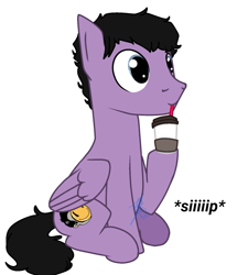 Size: 1195x1329 | Tagged: safe, artist:decaydaance, pegasus, pony, coffee, coffee cup, cup, drinking, kellin quinn, male, onomatopoeia, ponified, signature, simple background, sitting, solo, stallion, text, white background