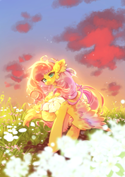 Size: 1953x2757 | Tagged: safe, artist:pfufu, fluttershy, pegasus, pony, g4, cloud, cute, ear fluff, female, field, flower, holding, looking at you, open mouth, raised hoof, shyabetes, sky, solo, spread wings, standing, windswept mane, wings