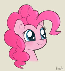 Size: 1564x1710 | Tagged: safe, artist:heretichesh, pinkie pie, earth pony, pony, g4, beige background, big eyes, blushing, bust, cute, diapinkes, female, happy, mare, simple background, smiling, solo