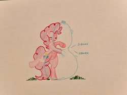 Size: 2217x1662 | Tagged: safe, artist:blackwo96777748, pinkie pie, earth pony, pony, g4, balloon, bipedal, cuddling, cute, diapinkes, grass, hug, onomatopoeia, rubbing, simple background, squeak, squeezing, that pony sure does love balloons, traditional art