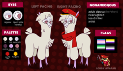 Size: 4330x2518 | Tagged: safe, artist:nonameorous, oc, oc:nonameorous, alpaca, them's fightin' herds, aromantic, asexual, clothes, cloven hooves, community related, eyeshadow, fishing rod, glasses, hat, high res, hooves, looking at you, looking away, makeup, male, non-pony oc, nonbinary, pride flag, red background, reference sheet, scarf, simple background, smug, solo, standing, text, tfh oc, transgender