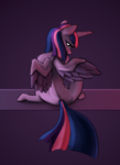 Size: 1228x1688 | Tagged: safe, artist:s410, derpibooru exclusive, twilight sparkle, alicorn, pony, g4, abstract background, female, looking at you, looking back, missing cutie mark, sitting, solo, spread wings, twilight sparkle (alicorn), wings