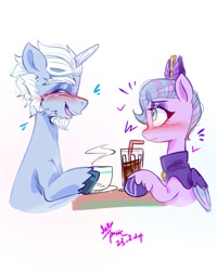 Size: 1080x1350 | Tagged: safe, artist:jully-park, alphabittle blossomforth, queen haven, pegasus, pony, unicorn, g5, blushing, crown, cup, digital art, duo, duo male and female, emanata, female, iced coffee, jewelry, male, mare, regalia, ship:alphahaven, shipping, simple background, stallion, straight, teacup, thin, unshorn fetlocks, white background